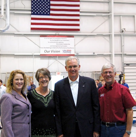 (Left to Right) Sara Potterfield, Brenda Potterfield, Governor Jay Nixon and Larry Potterfield at the MidwayUSA Share the Harvest Press Conference (Left to Right) Sara Potterfield, Brenda Potterfield, Governor Jay Nixon and Larry Potterfield at the MidwayUSA Share the Harvest Press Conference