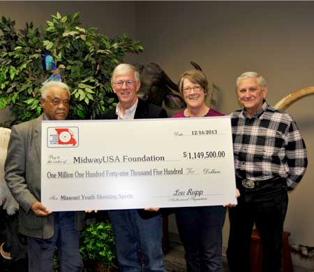 (Left to Right) MYSSA President Willis Corbett, MidwayUSA Foundation Co Founders Larry and Brenda Potterfield, and MYSSA Board Member Lou Rupp (Left to Right) MYSSA President Willis Corbett, MidwayUSA Foundation Co Founders Larry and Brenda Potterfield, and MYSSA Board Member Lou Rupp