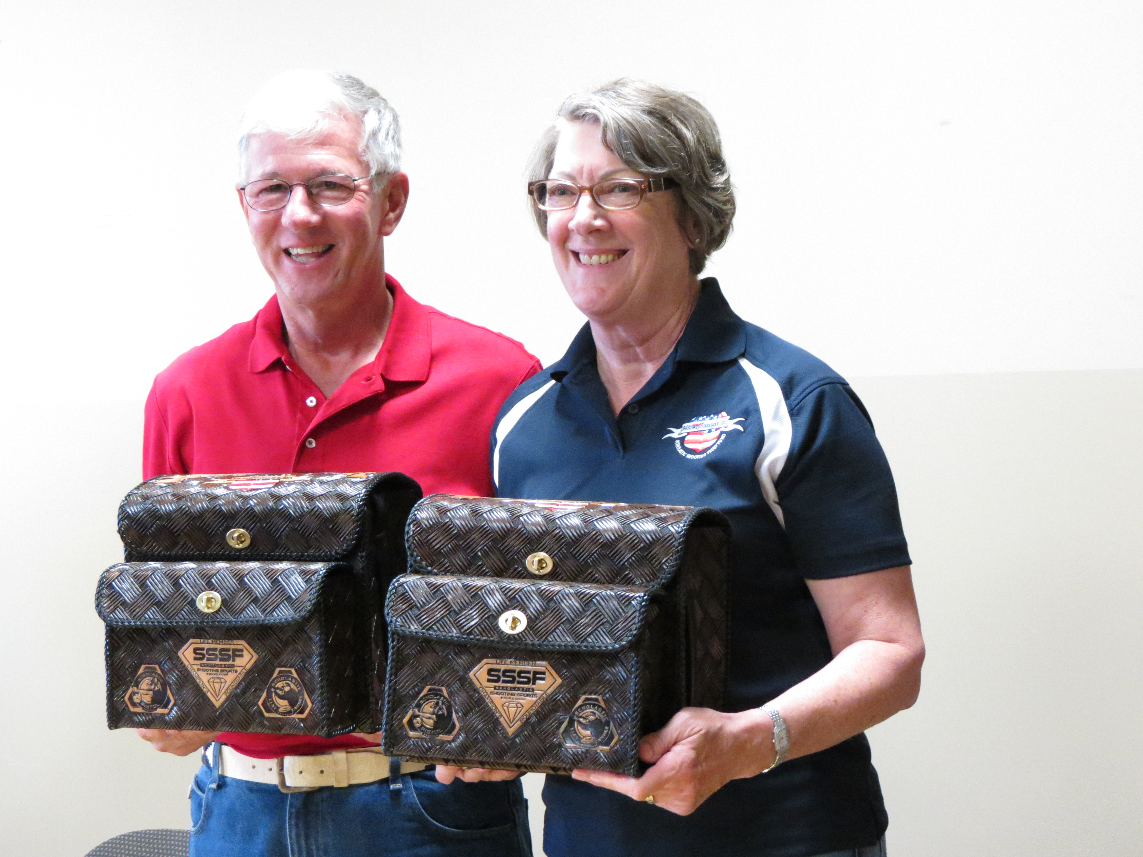 Larry and Brenda Potterfield after being presented with custom Shamrock Leathers shell bags Larry and Brenda Potterfield after being presented with custom Shamrock Leathers shell bags