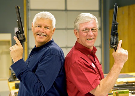 Outdoor Channel's Michael Bane (left) and MidwayUSA's Founder Larry Potterfield on set in GunTec Outdoor Channel's Michael Bane (left) and MidwayUSA's Founder Larry Potterfield on set in GunTec