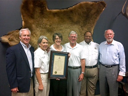 Larry and Brenda Potterfield pictured (Left to Right) with Jim Blair and MDC Commissioners Becky Plattner, Don Johnson and Don Bedell at MidwayUSA on July 12, 2012. Larry and Brenda Potterfield pictured (Left to Right) with Jim Blair and MDC Commissioners Becky Plattner, Don Johnson and Don Bedell at MidwayUSA on July 12, 2012.