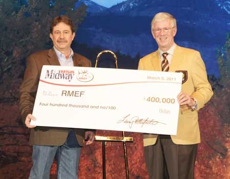 Larry Potterfield (right), presenting David Allen, President and CEO of RMEF, with a donation to support the creation of the SAFE Challenge Program at the 2011 RMEF Convention. Larry Potterfield (right), presenting David Allen, President and CEO of RMEF, with a donation to support the creation of the SAFE Challenge Program at the 2011 RMEF Convention.